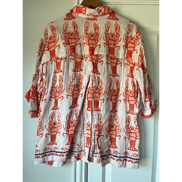 Anthropologie Lobster Print Open Back Blouse 100% Cotton Coastal Blouse | Medium - Picture 3 of 8